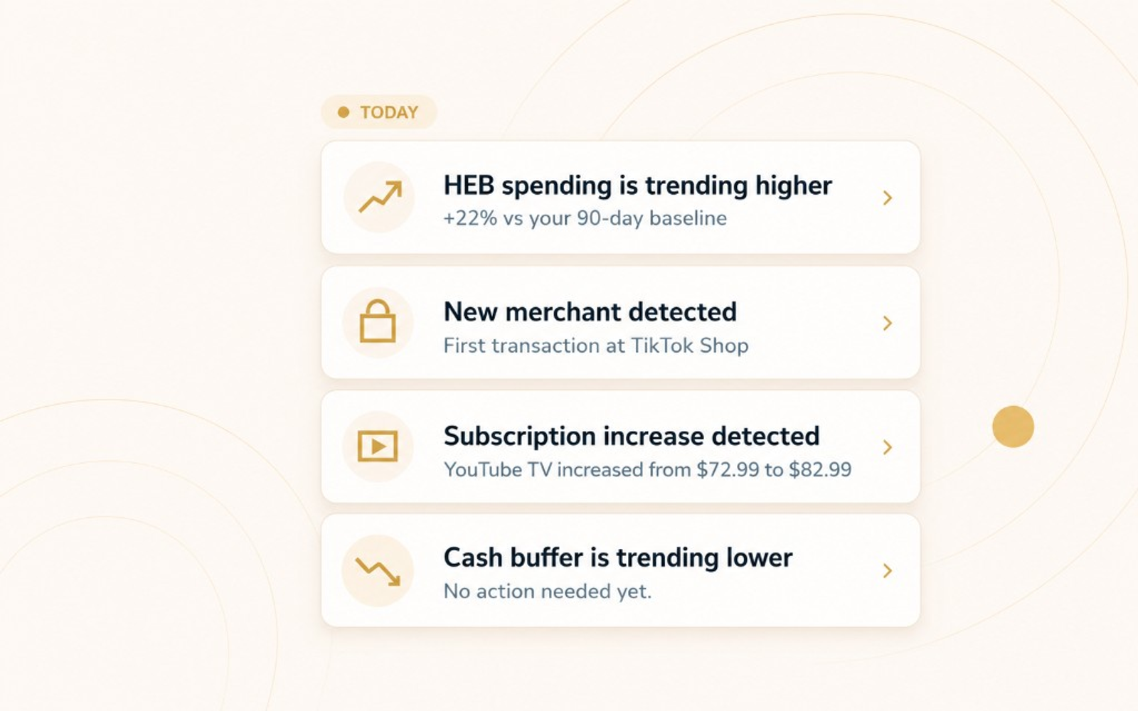 Watchtower Today insight cards showing spending drift, a new merchant, a subscription increase, and cash buffer awareness